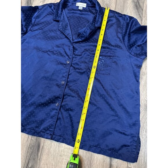 Miss Elaine XL Womens Satin Pajama Set Navy Blue Embroidered Top & Elastic Waist - Picture 11 of 13